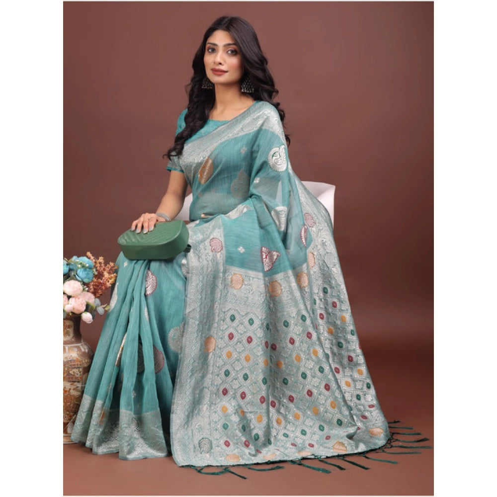 Generic Women's Linen Cotton Printed Saree With Unstitched Blouse 5.5Mtr (Sea Green)