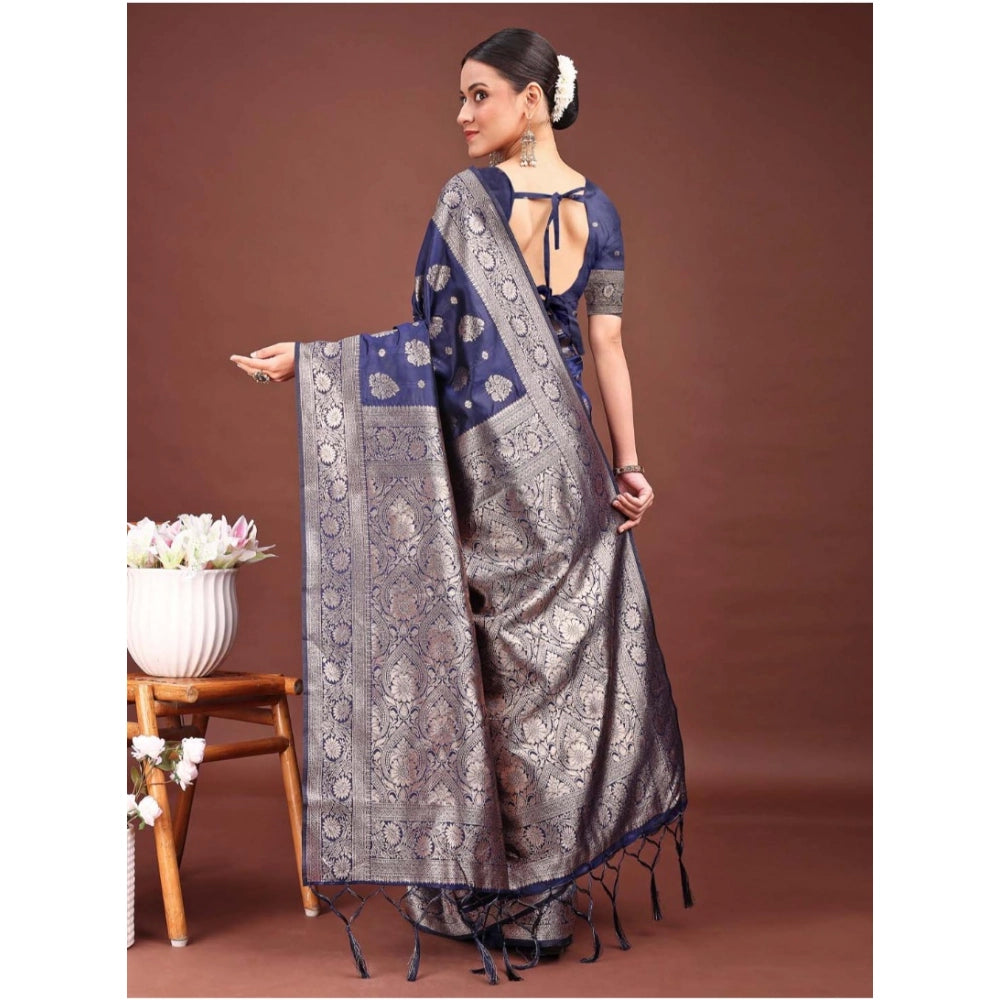 Generic Women's Banarasi Silk Printed Saree With Unstitched Blouse 5.5Mtr (Navy Blue)
