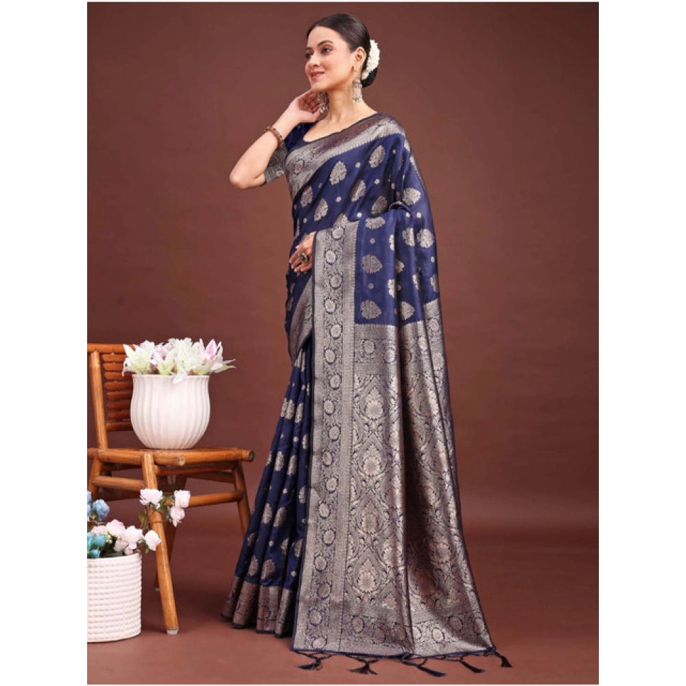 Generic Women's Banarasi Silk Printed Saree With Unstitched Blouse 5.5Mtr (Navy Blue)