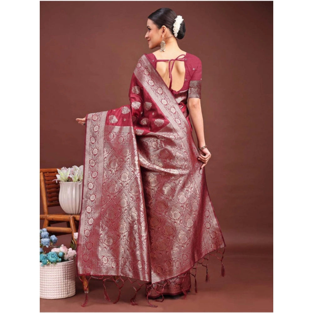 Generic Women's Banarasi Silk Printed Saree With Unstitched Blouse 5.5Mtr (Maroon)