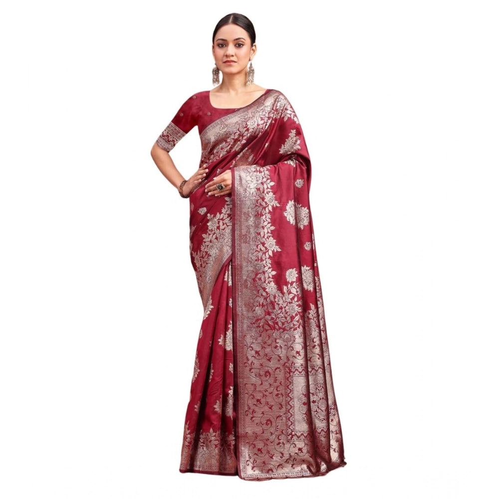 Generic Women's Banarasi Silk Printed Saree With Unstitched Blouse 5.5Mtr (Maroon)