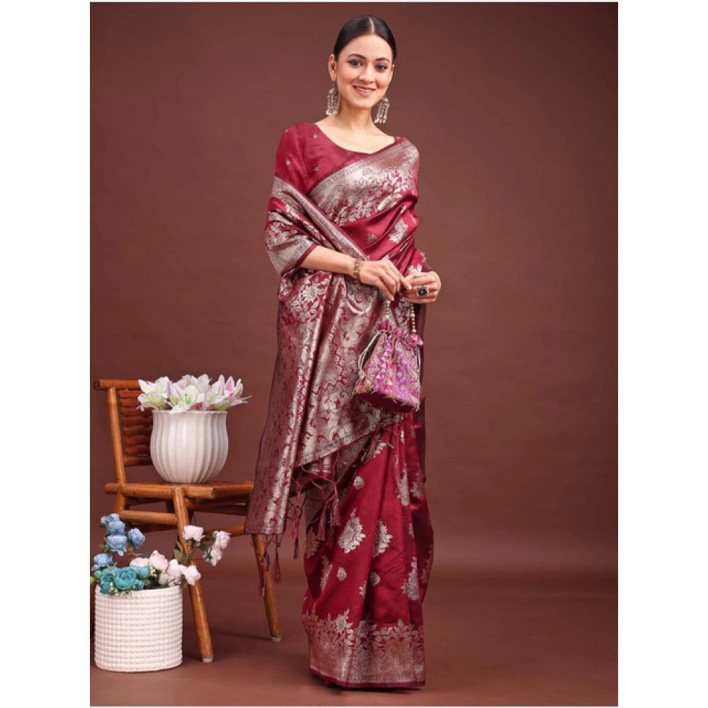 Generic Women's Banarasi Silk Printed Saree With Unstitched Blouse 5.5Mtr (Maroon)