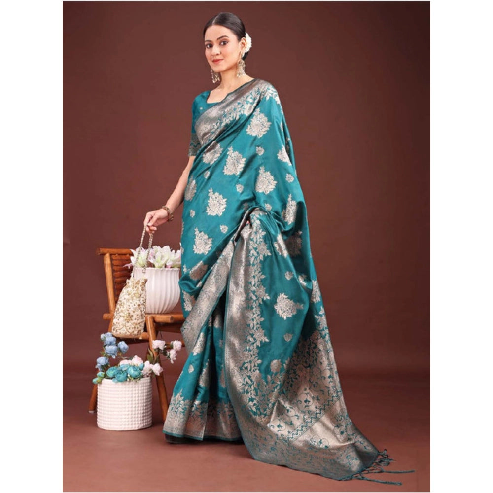 Generic Women's Banarasi Silk Printed Saree With Unstitched Blouse 5.5Mtr (Sea Green)