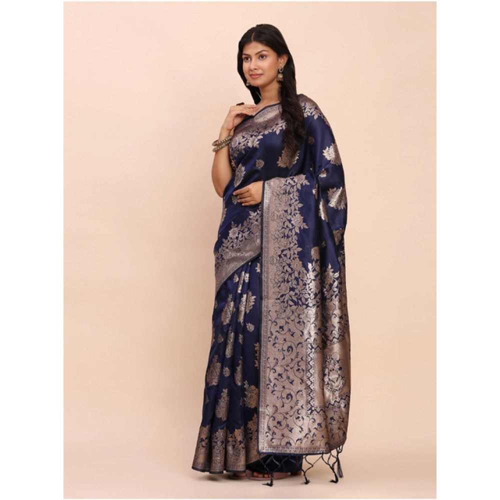 Generic Women's Banarasi Silk Printed Saree With Unstitched Blouse 5.5Mtr (Navy Blue)