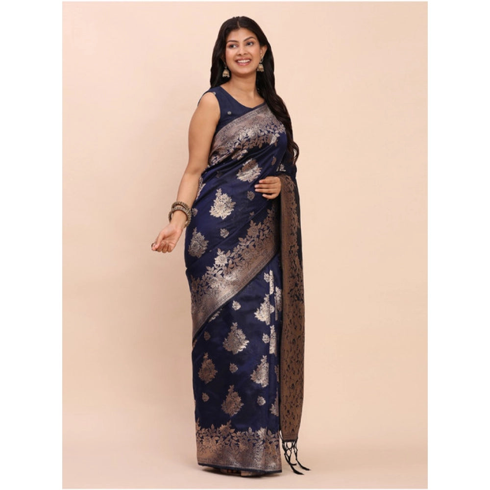 Generic Women's Banarasi Silk Printed Saree With Unstitched Blouse 5.5Mtr (Navy Blue)