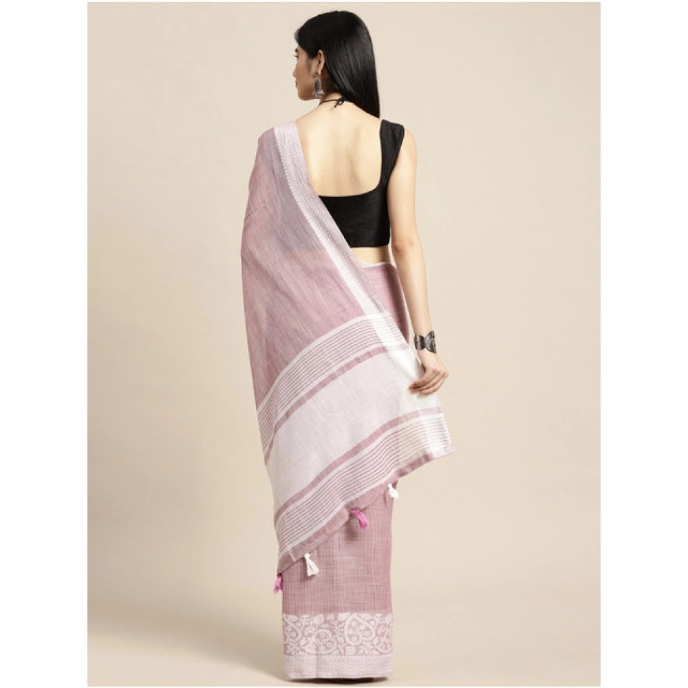 Generic Women's Linen Printed Saree With Unstitched Blouse 5.5Mtr (Purple)