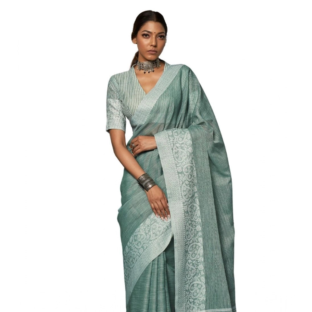 Generic Women's Linen Printed Saree With Unstitched Blouse 5.5Mtr (Sea Green)