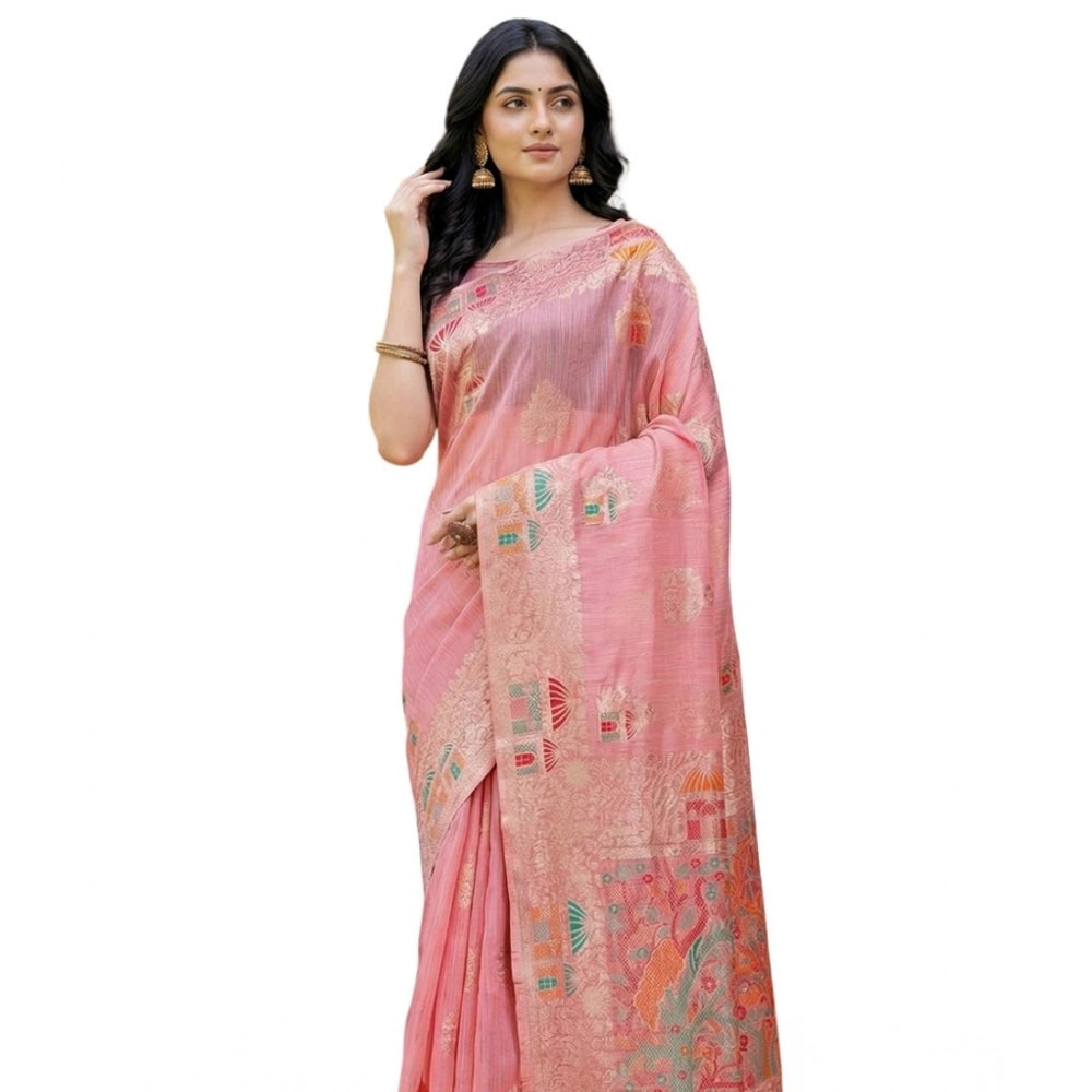 Generic Women's Linen Cotton Printed Saree With Unstitched Blouse 5.5Mtr (Pink)