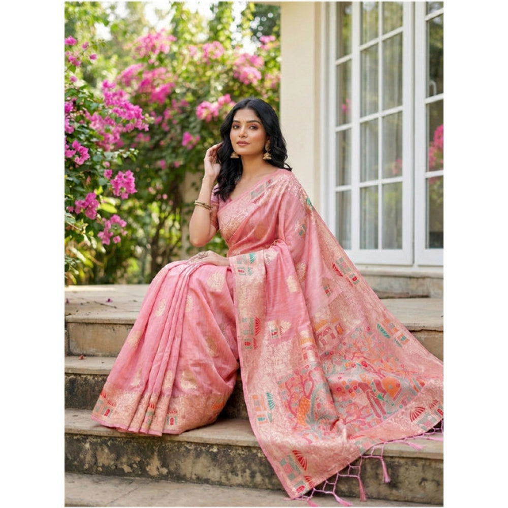 Generic Women's Linen Cotton Printed Saree With Unstitched Blouse 5.5Mtr (Pink)