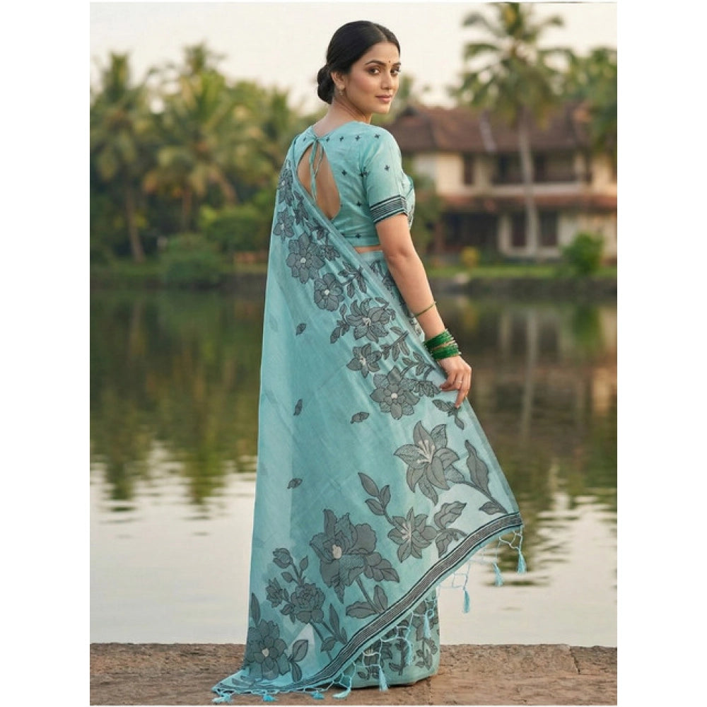 Generic Women's Linen Cotton Printed Saree With Unstitched Blouse 5.5Mtr (Sea Green)