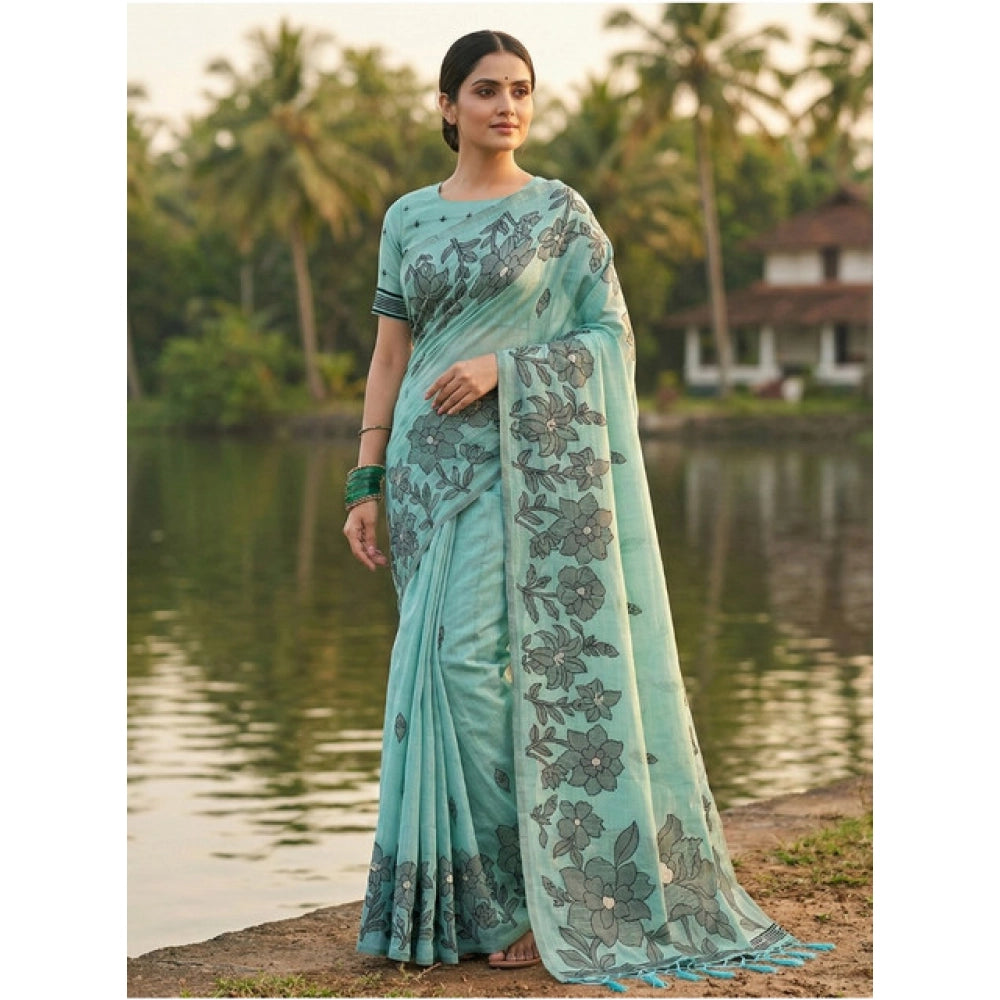 Generic Women's Linen Cotton Printed Saree With Unstitched Blouse 5.5Mtr (Sea Green)