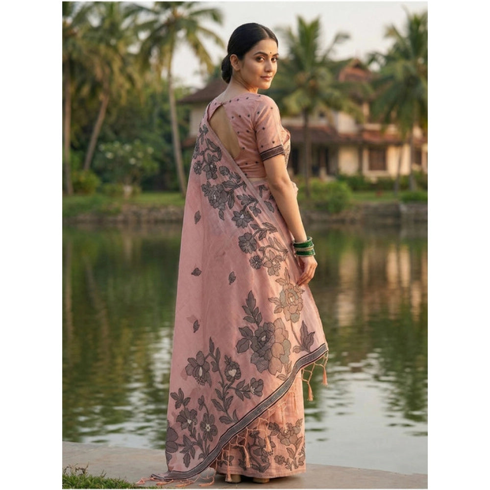 Generic Women's Linen Cotton Printed Saree With Unstitched Blouse 5.5Mtr (Peach)