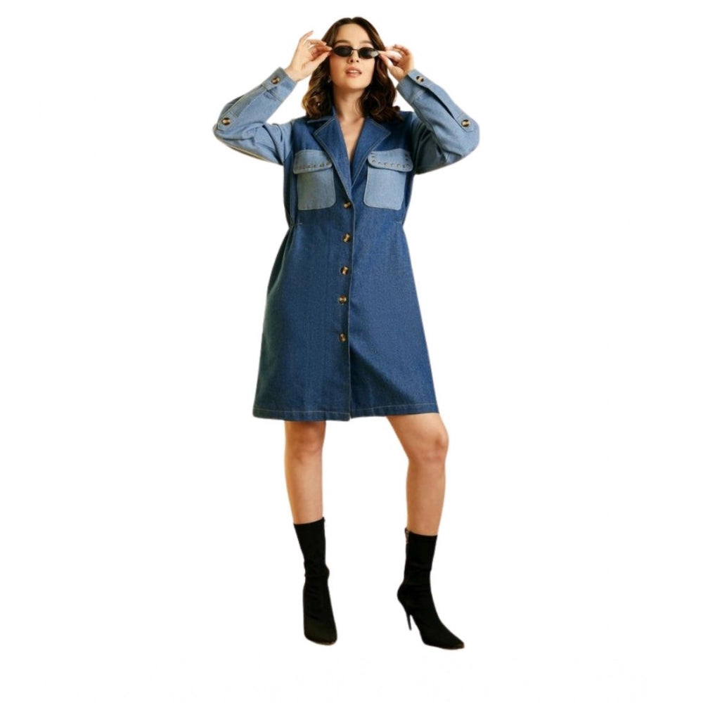 Generic Women's Denim Color Blocking Roll Up Dress (Blue)