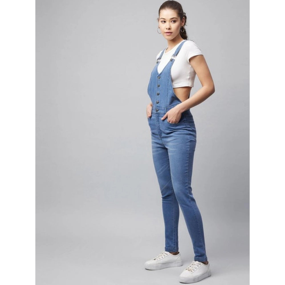 Generic Women's Denim Lycra Solid Buttoned Dungaree (Ice Blue)