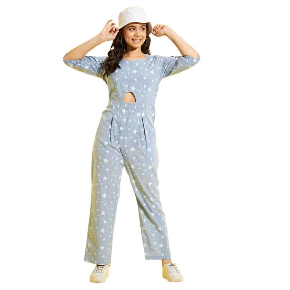 Generic Girl's Cotton Printed 3-4th Sleeve Jumpsuit (Blue - White)