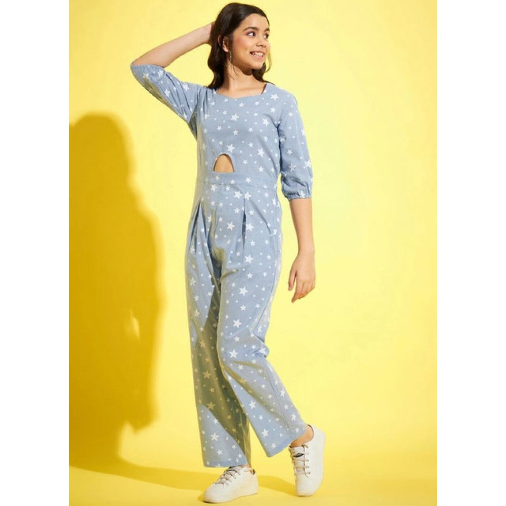 Generic Girl's Cotton Printed 3-4th Sleeve Jumpsuit (Blue - White)
