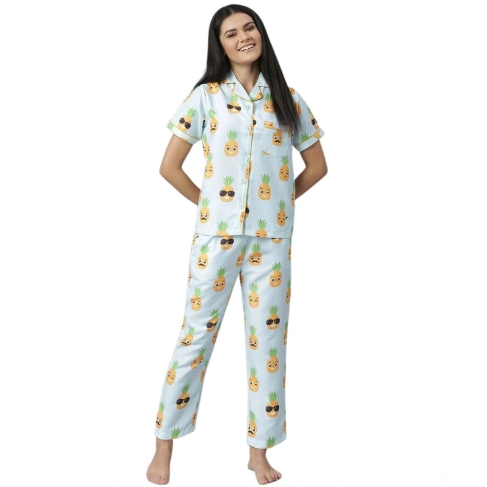Generic Women's Cotton Blend Printed Short Sleeve Night Suit (Blue-Yellow)