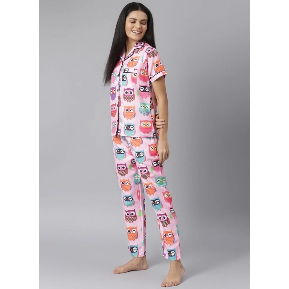Generic Women's Cotton Blend Printed Short Sleeve Night Suit (Pink)