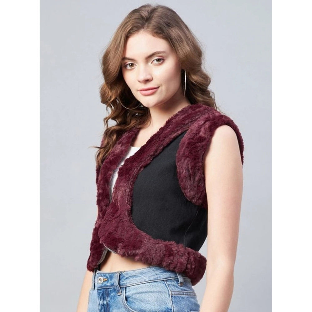 Generic Women's Denim And Fur Solid Sleeveless Shrug (Black - Maroon)
