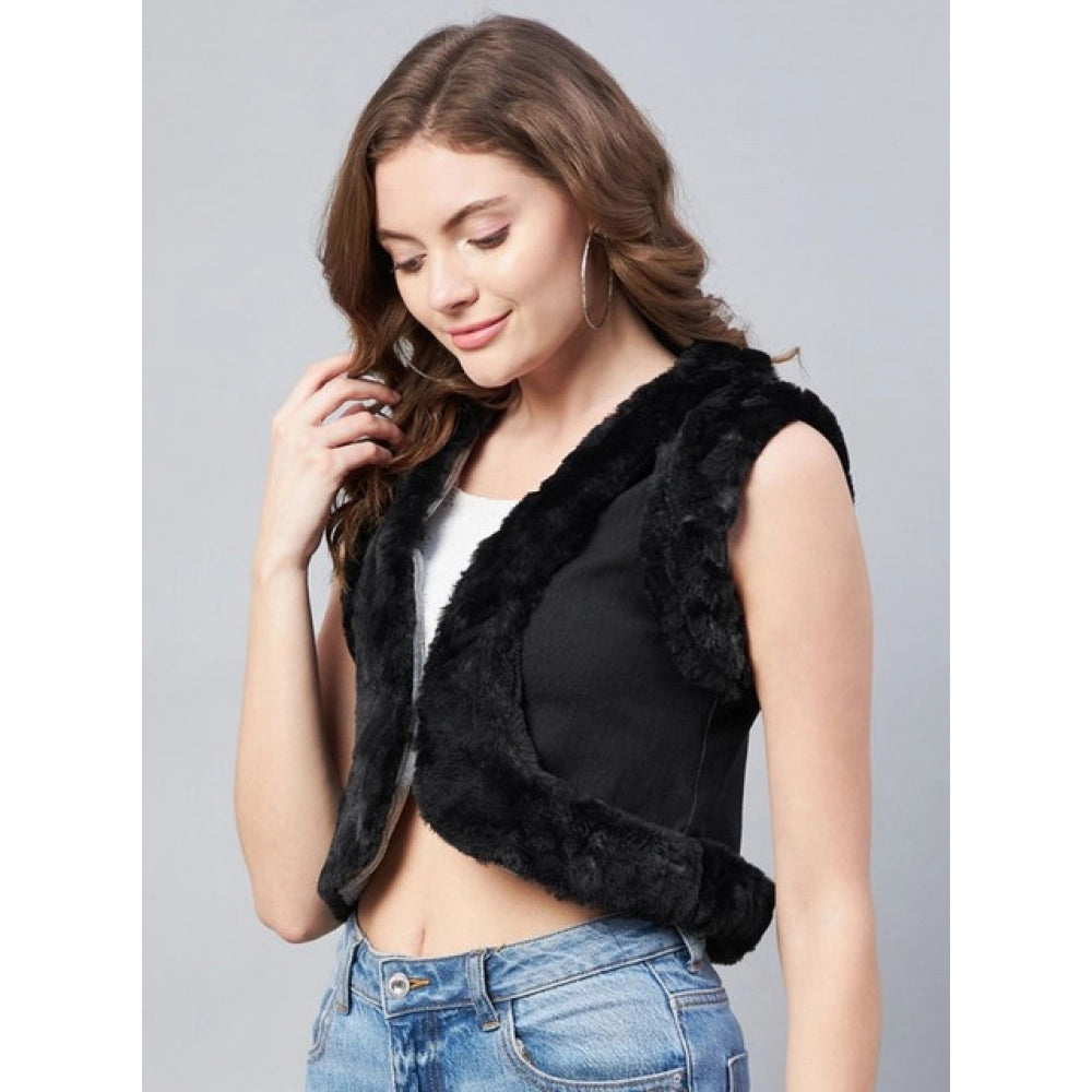Generic Women's Denim And Fur Solid Sleeveless Shrug (Black)