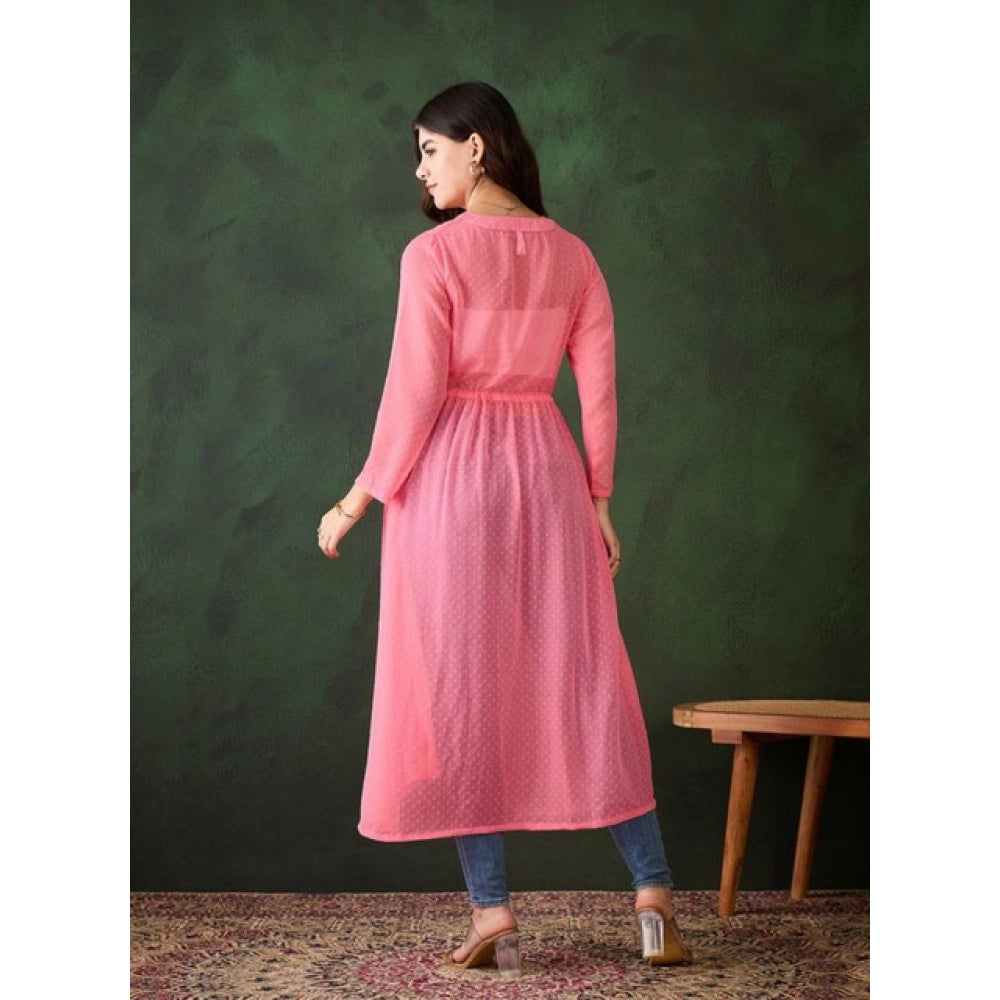 Generic Women's Chiffon Self Design Long Sleeves Shrug (Pink)