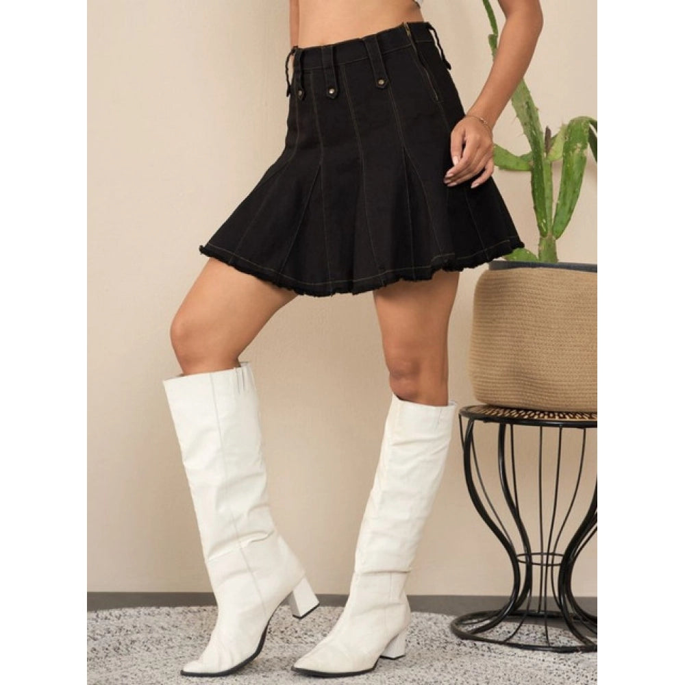 Generic Women's Denim Washed Buttoned Skirt (Black)