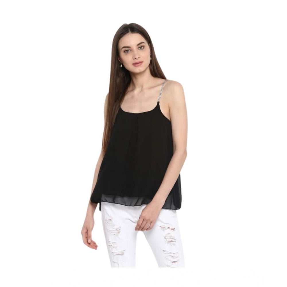 Generic Women's Polyester Embellished Shoulder Straps Top (Black)