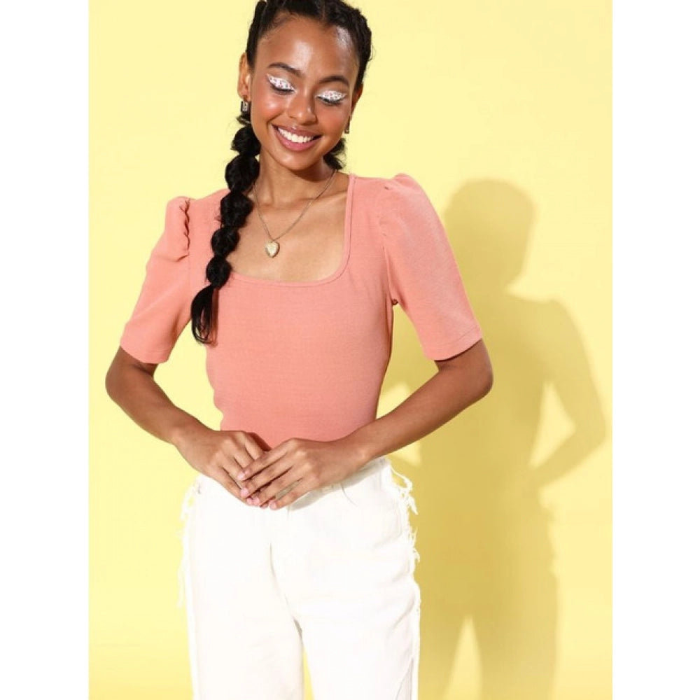Generic Women's Polyester Lycra Solid Short Sleeve Top (Pink)