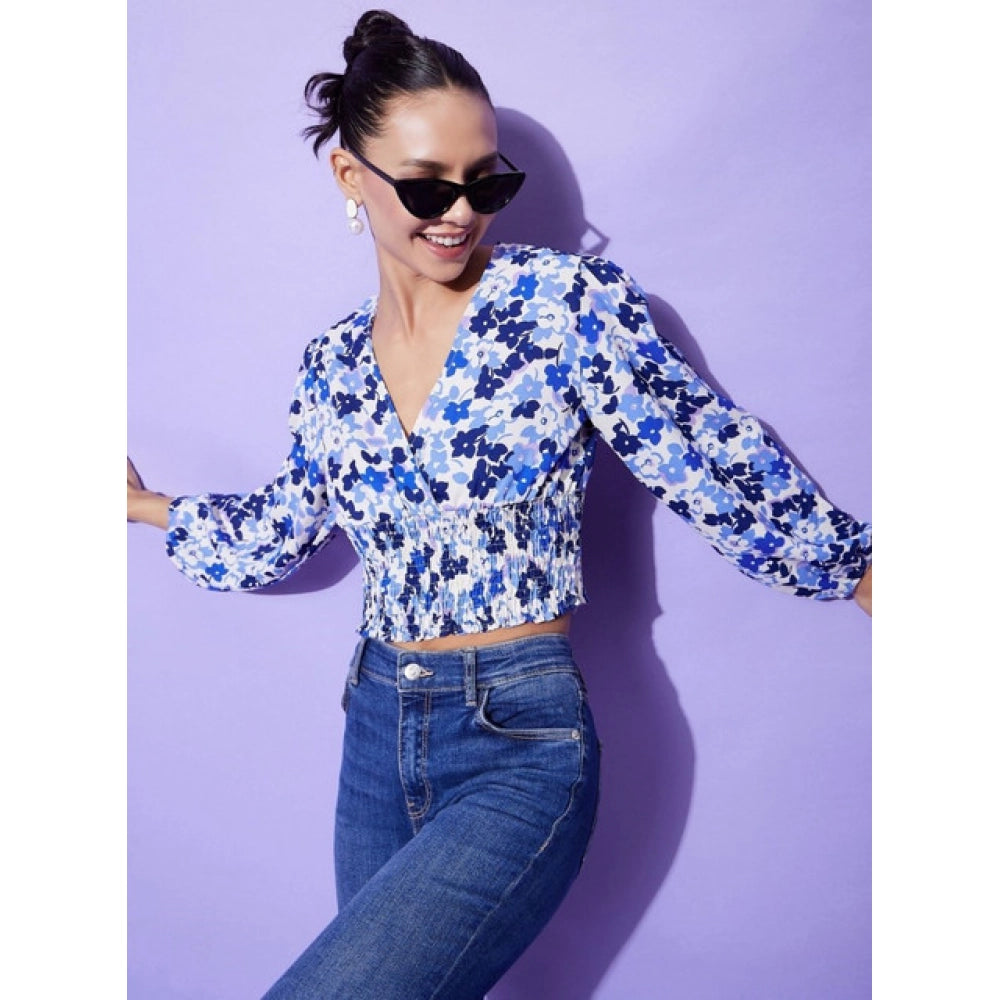 Generic Women's Polyester Floral Long Sleeves Top (Blue)