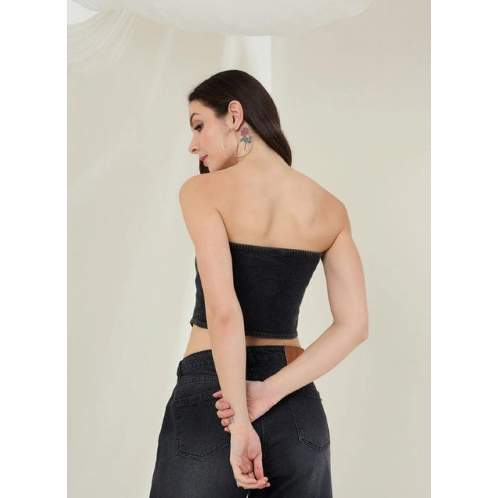 Generic Women's Denim Lycra Solid Sleeveless Top (Black)