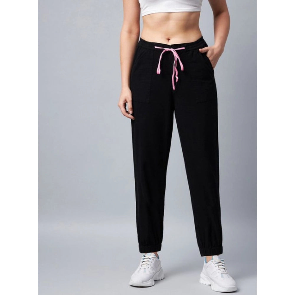 Generic Women's Cotton Twill Solid Elasticated Trousers (Black)