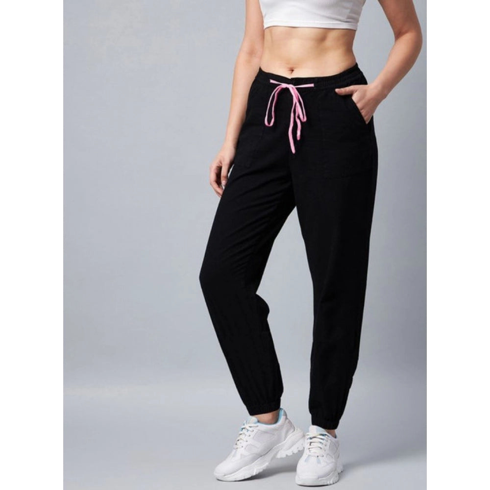 Generic Women's Cotton Twill Solid Elasticated Trousers (Black)
