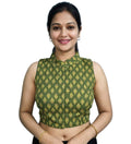 Generic Women's Ajrakh Cotton Ajarkh Sleeveless Collar Neck Padded Readymade Blouse (Olive, Size 38 - Self-Alterable 36�40)