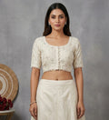 Generic Women's Cotton Printed Half sleeve Round Neck Padded Readymade Blouse (Cream, Size 38 - Self-Alterable 36�40)