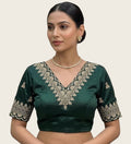 Generic Women's Satin Embroidered Half sleeve V-Neck Padded Readymade Blouse (Dark Green, Size 38 - Self-Alterable 36�40)