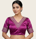 Generic Women's Satin Embroidered Half sleeve V-Neck Padded Readymade Blouse (Purple, Size 38 - Self-Alterable 36�40)