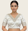 Generic Women's Satin Embroidered Half sleeve V-Neck Padded Readymade Blouse (White, Size 38 - Self-Alterable 36�40)