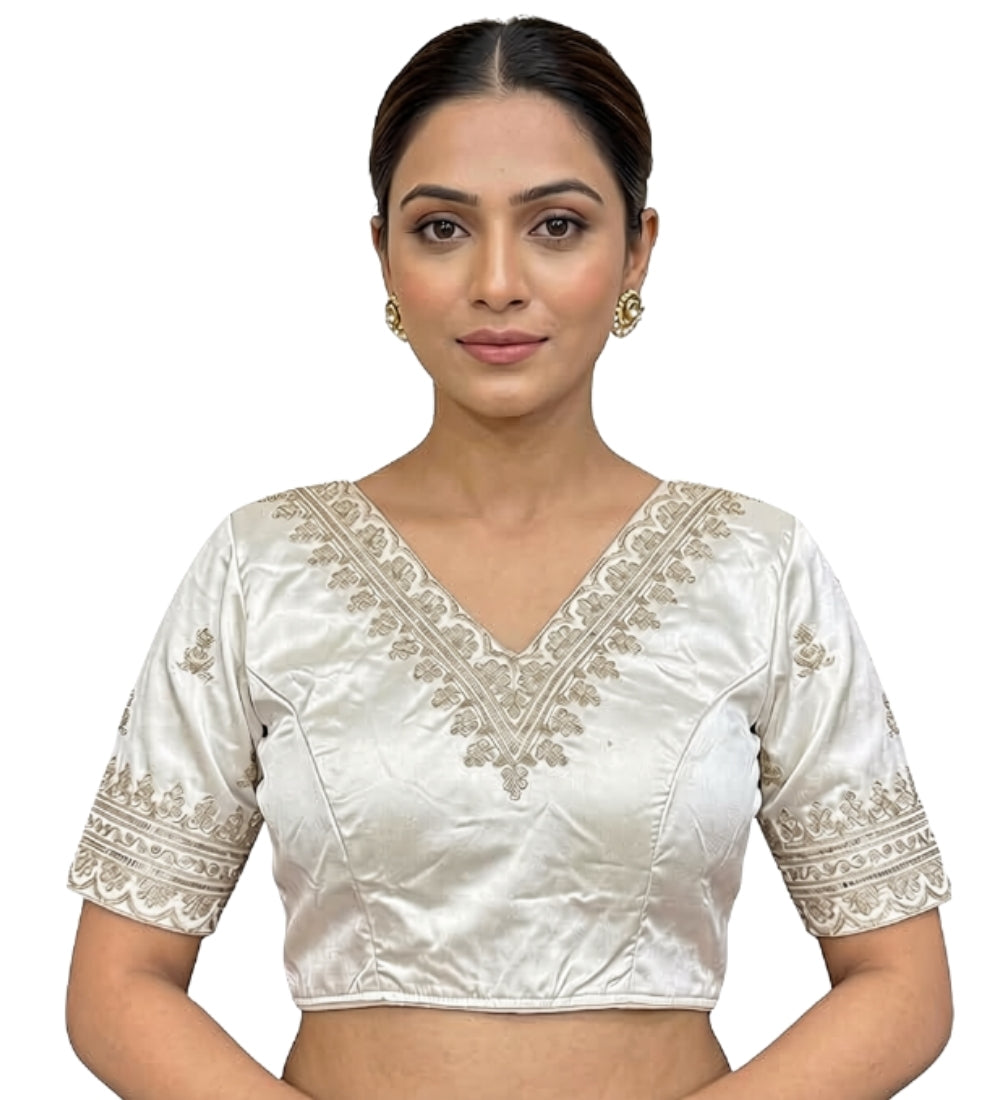 Generic Women's Satin Embroidered Half sleeve V-Neck Padded Readymade Blouse (White, Size 38 - Self-Alterable 36�40)