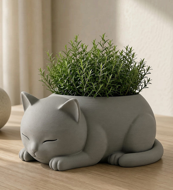 Generic Plastic Adorable Sleeping Cat Planter (Only Planter) (Grey)