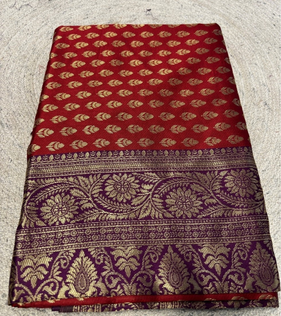 Generic Women's Jacquard Printed Saree With Unstitched Blouse - 5.5 Mtr (Maroon-Purple)