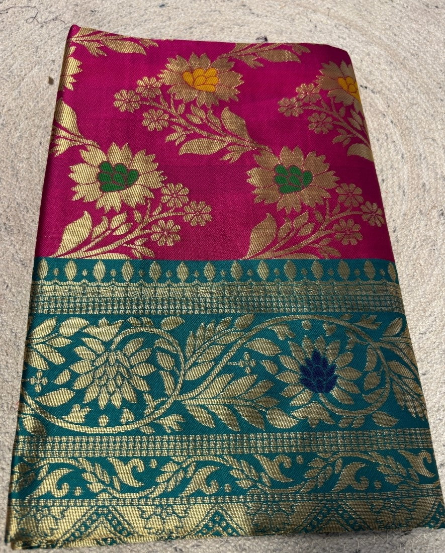 Generic Women's Jacquard Floral Printed Saree With Unstitched Blouse - 5.5 Mtr (Magenta-Teal)