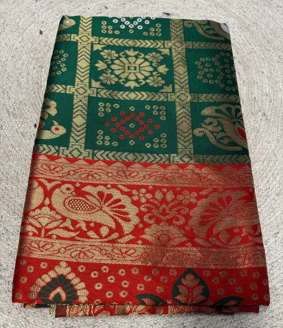 Generic Women's Jacquard Printed Saree With Unstitched Blouse - 5.5 Mtr (Green-Red)