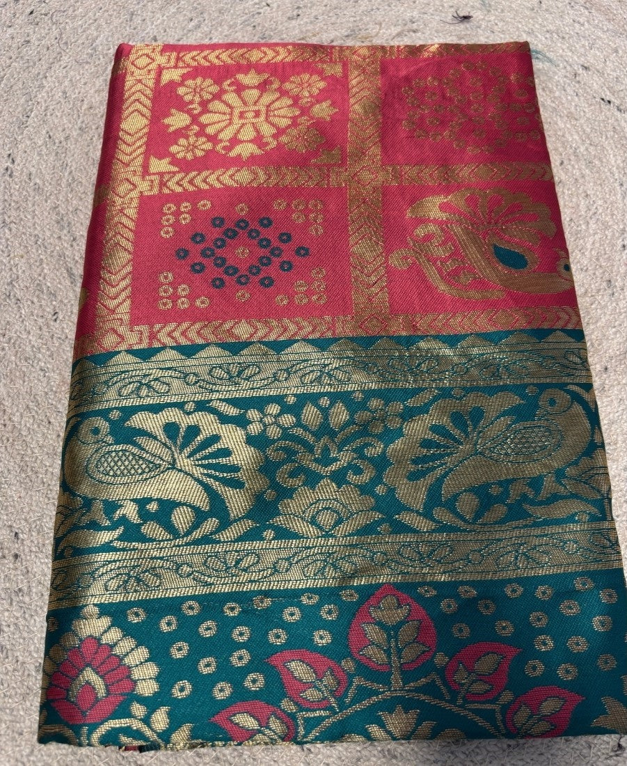 Generic Women's Jacquard Printed Saree With Unstitched Blouse - 5.5 Mtr (Magenta-Teal)