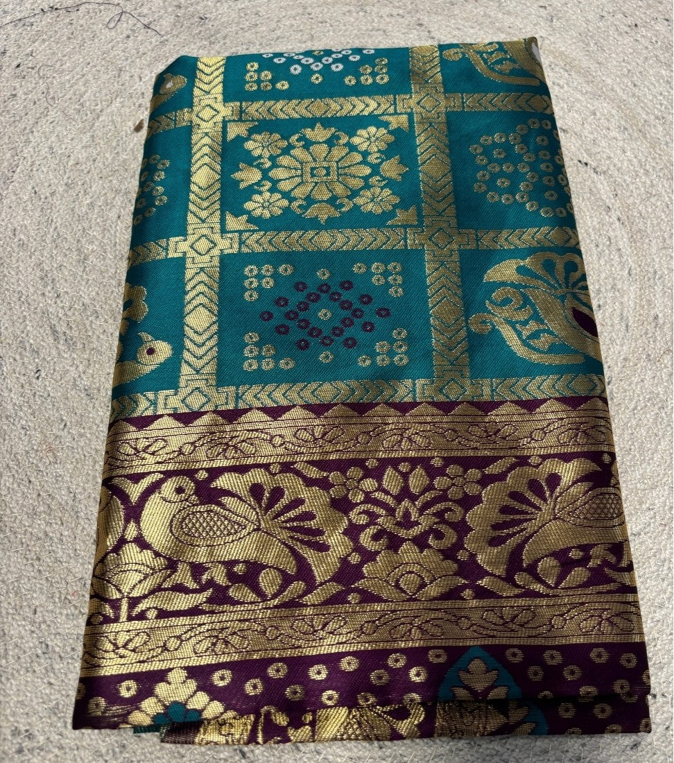 Generic Women's Jacquard Printed Saree With Unstitched Blouse - 5.5 Mtr (Teal-Purple)