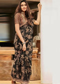 Generic Women's Linen Cotton Printed Saree With Unstitched Blouse - 5.5 Mtr (Black)