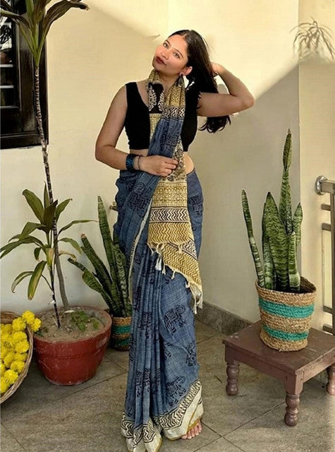 Generic Women's Linen Cotton Printed Saree With Unstitched Blouse - 5.5 Mtr (Blue)