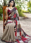 Generic Women's Linen Cotton Printed Saree With Unstitched Blouse - 5.5 Mtr (Multicolor)