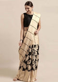 Generic Women's Linen Cotton Printed Saree With Unstitched Blouse - 5.5 Mtr (Cream-Black)