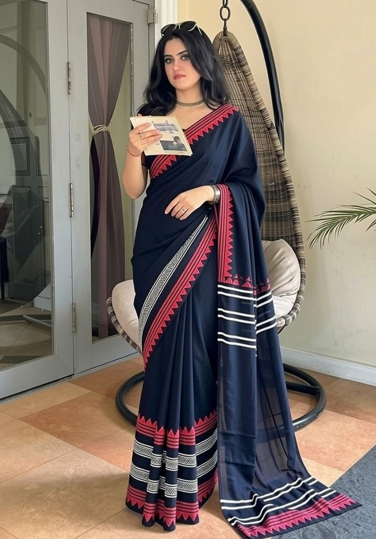 Generic Women's Linen Cotton Striped Saree With Unstitched Blouse - 5.5 Mtr (Navy Blue)