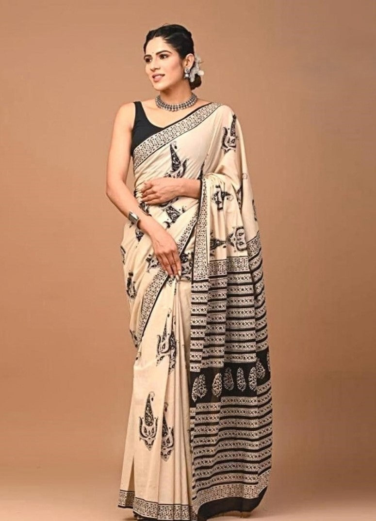 Generic Women's Linen Cotton Printed Saree With Unstitched Blouse - 5.5 Mtr (Cream-Black)